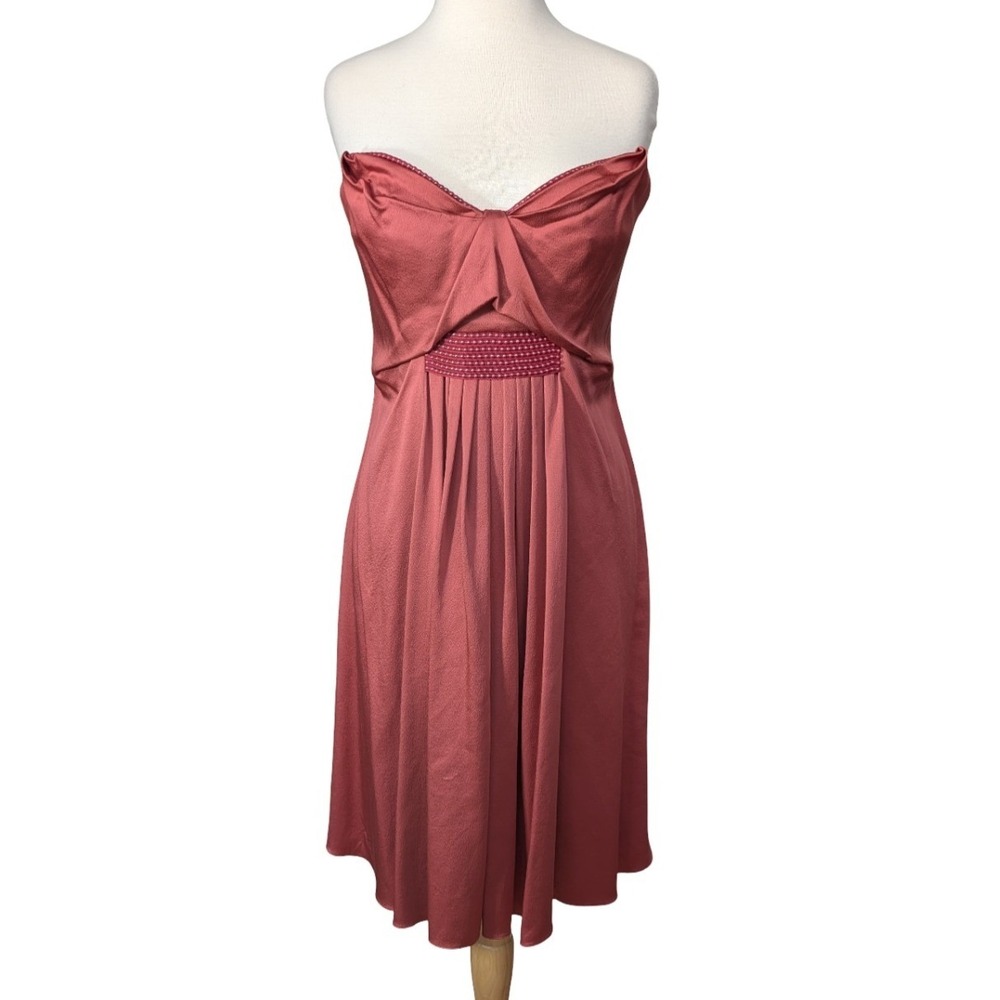 Zac Posen Strapless Silk Dress Pink Beaded Empire Waist Midi Evening Gown Sz 8